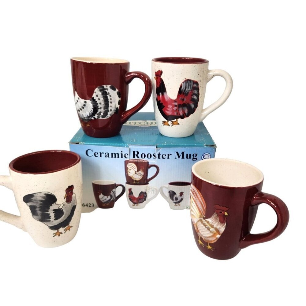 Rooster Mugs Kitchen Creations Colorful Design Country Farmhouse Decor Set of 4
